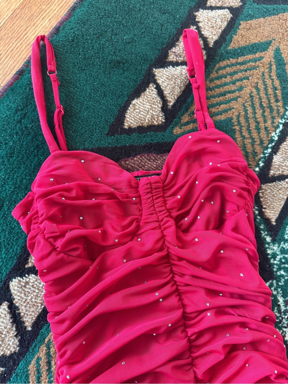 Red Ruched Rhinestone Bodycon Dress - Picture 3 of 6